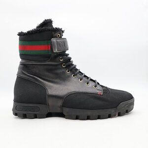 GUCCI Black Leather Signature Webbing Shearling Lined Men UK 9.5 US 10 Combat